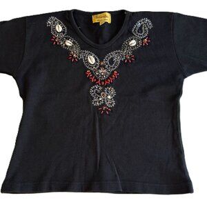 VTG Beaded Sea Shell Rhinestone Embroidered T shirt Embellishment Indian Black M